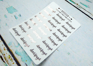 Foiled Hand Lettered Don't Forget Typography Planner Stickers for any Planner or Insert - Adorably Amy Designs