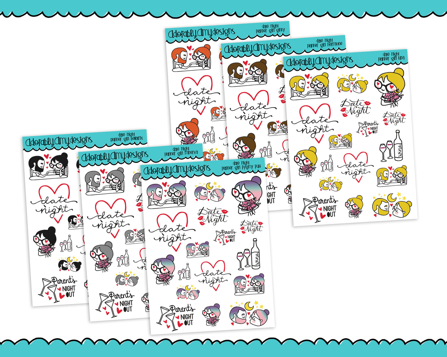 Planner Girls Character Stickers Date Night Out Planner Stickers for any Planner or Insert - Adorably Amy Designs