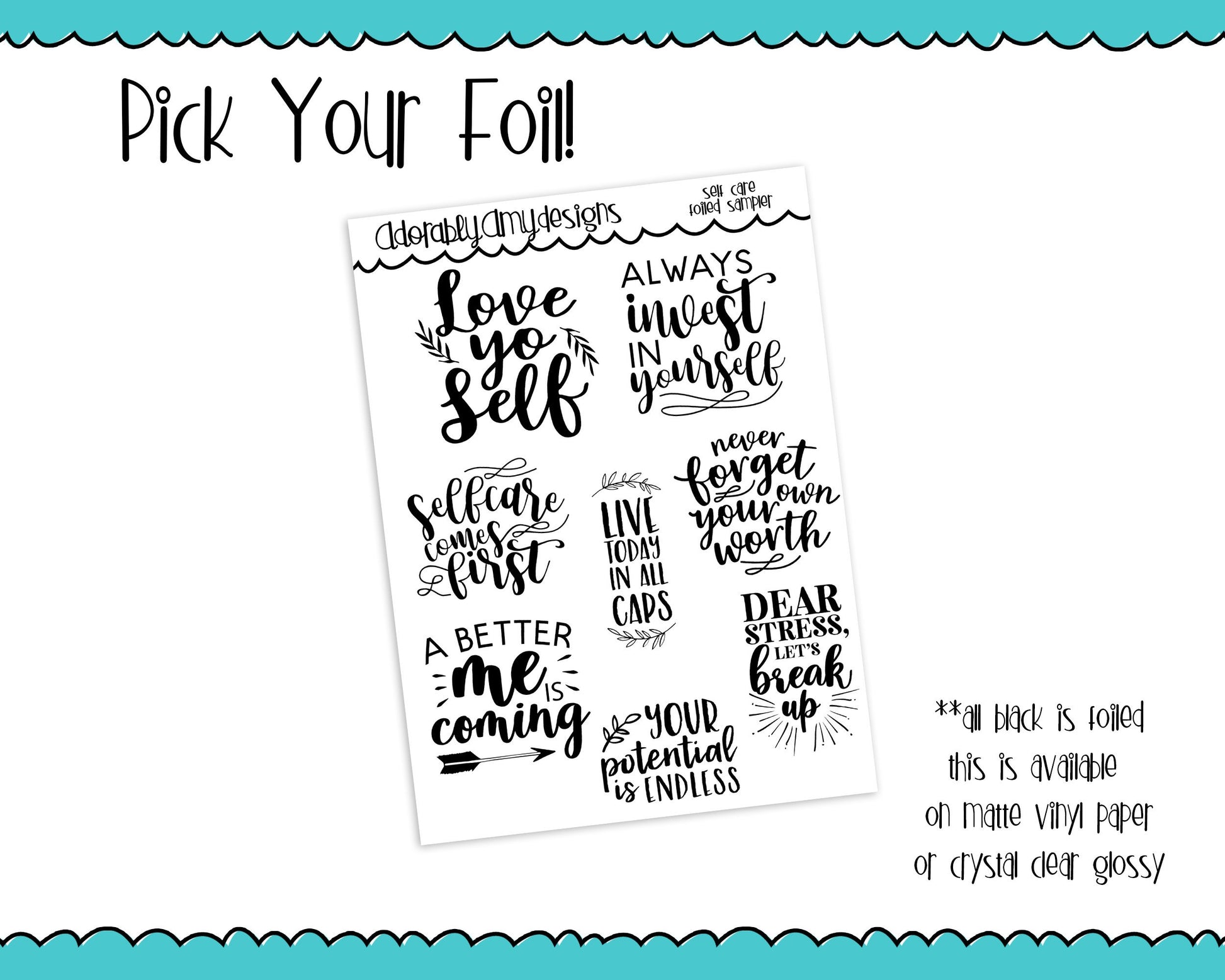 Foiled Self Care Self Love Better Me Positive Typography Planner Stickers for any Planner or Insert - Adorably Amy Designs