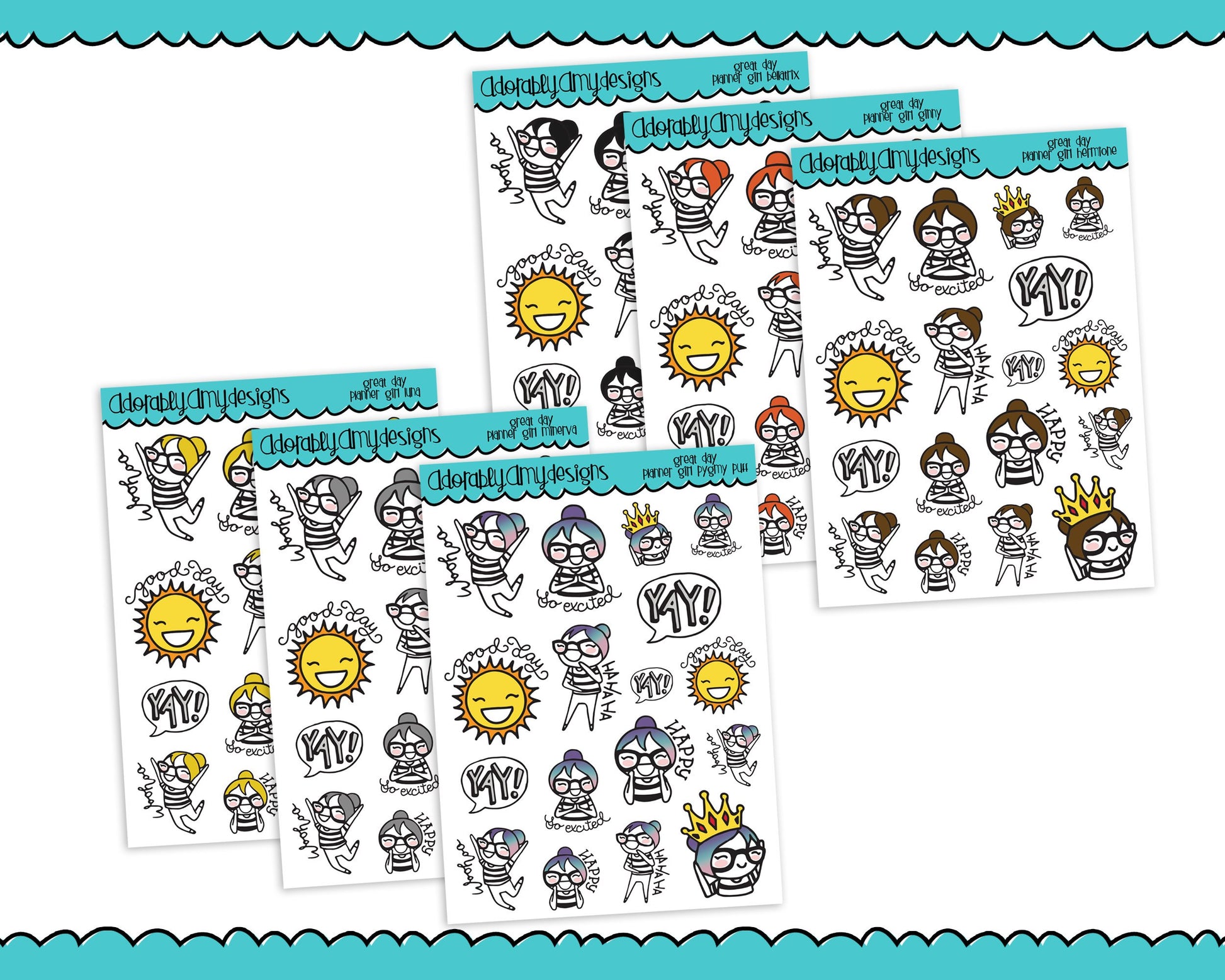 Planner Girls Character Stickers Great Day Happy Day Planner Stickers for any Planner or Insert - Adorably Amy Designs
