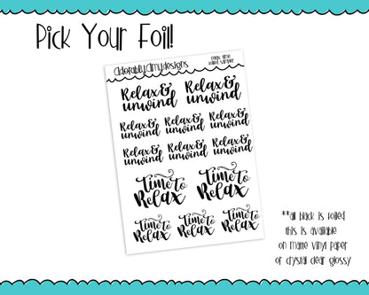 Foiled Relax and Unwind Time to Relax Typography Planner Stickers for any Planner or Insert - Adorably Amy Designs