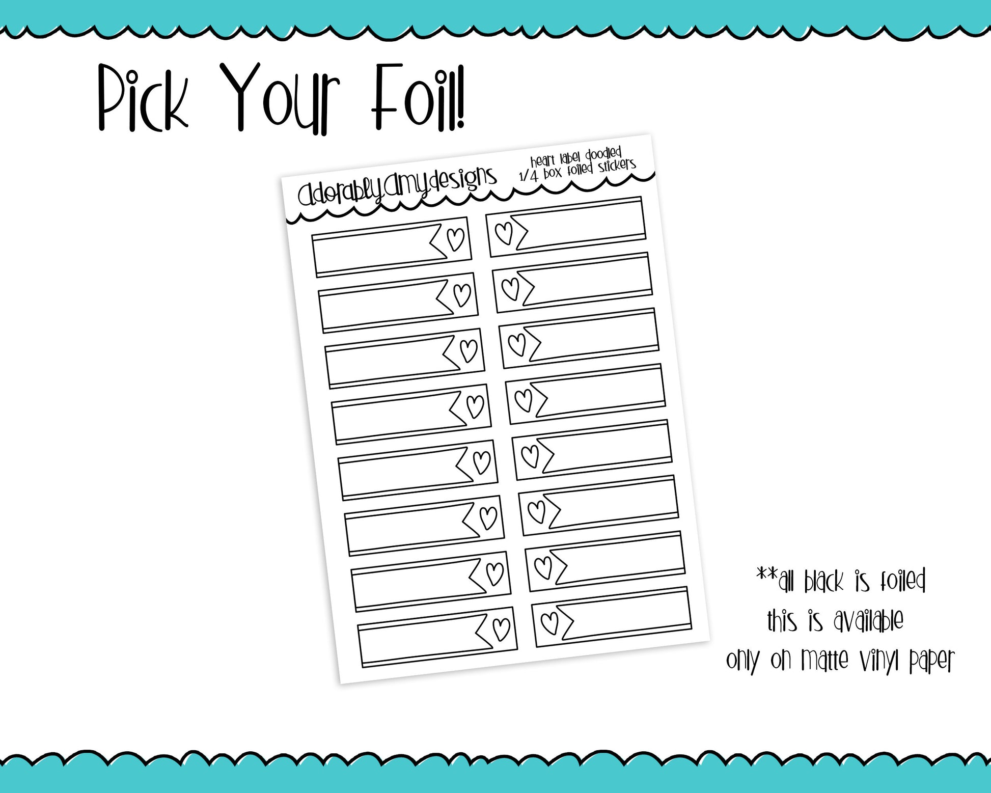 Foiled Doodled Heart Labels Quarter Box Planner Stickers for any Planner or Insert - Adorably Amy Designs